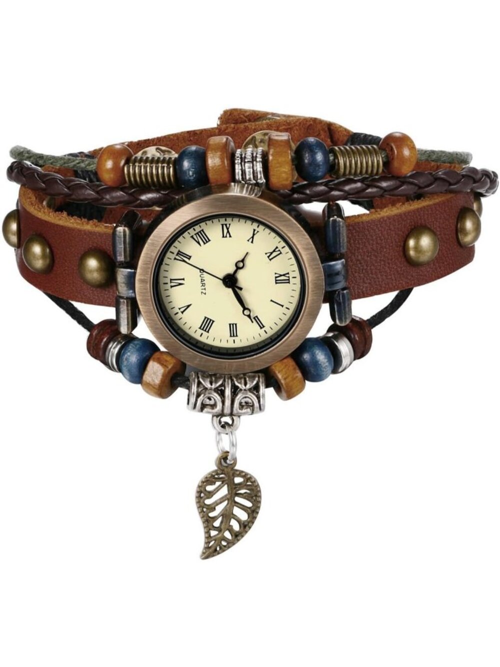 Womens Brown Analog Leaf Roman Numerals Bracelet Weave Wrap Around Leather Watch
